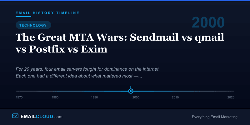 The Great MTA Wars: Sendmail vs qmail vs Postfix vs Exim — Email History Timeline 2000